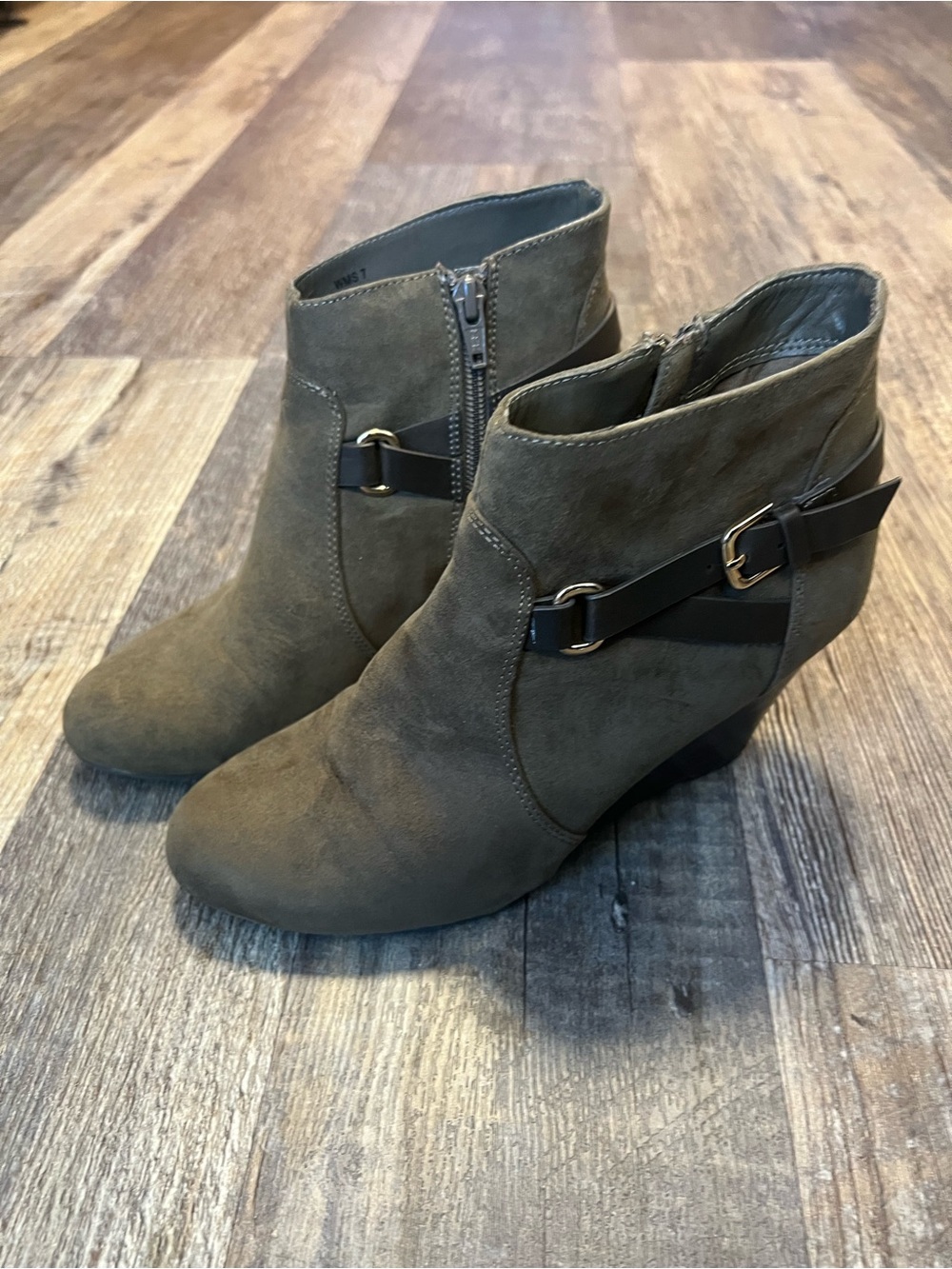 Report Olive Suede-Look Ankle Booties with Black Strap & Gold Buckle